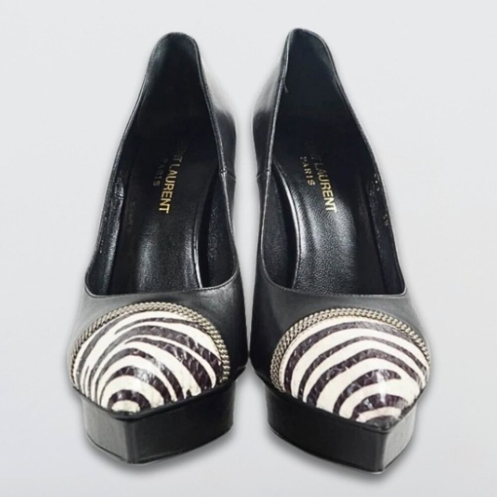 YSL Janis Pumps Pointed Cap Toes Zebra Pattern Snakeskin Calf Leather Black 40